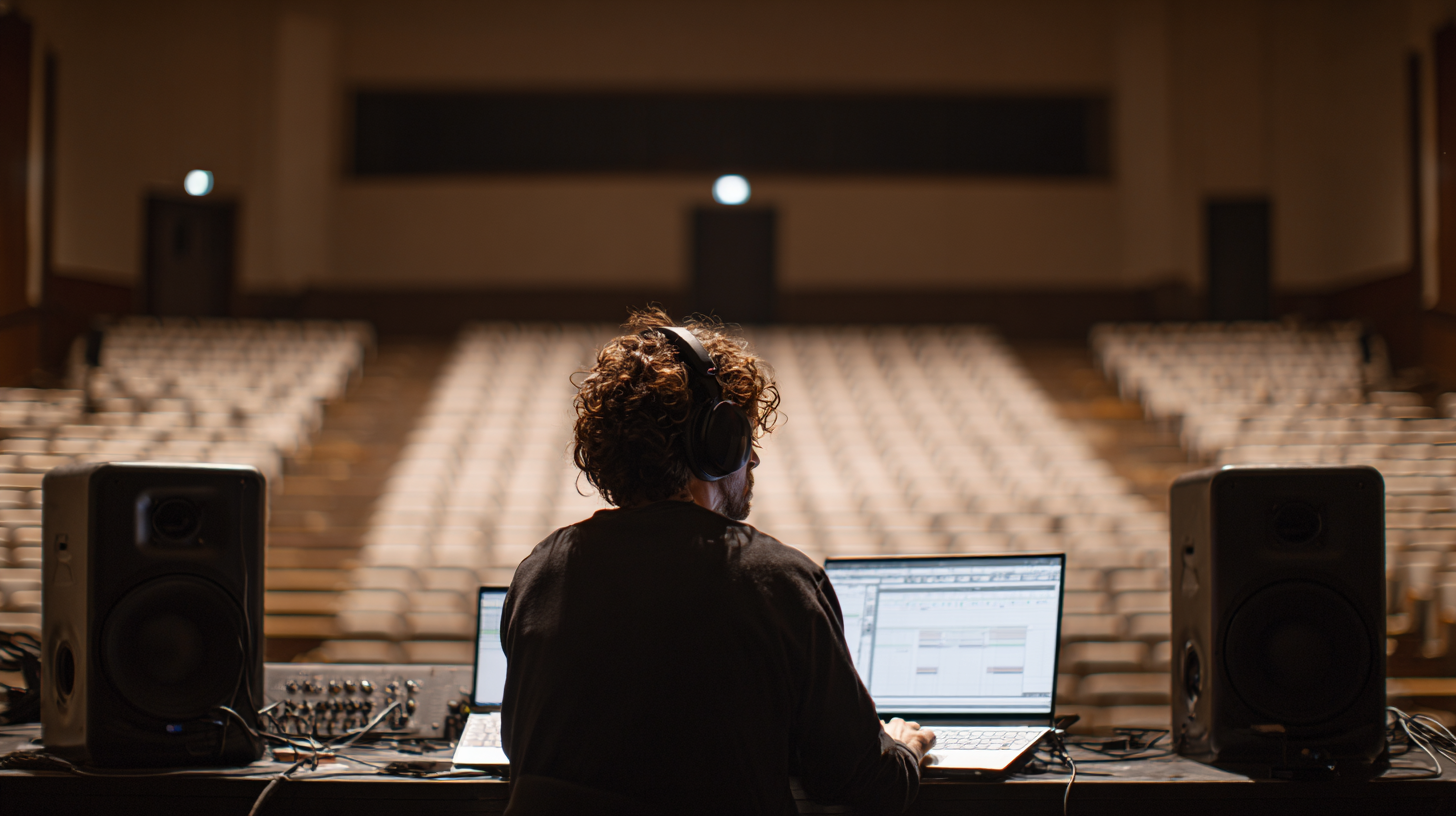 Sound engineer tuning a system on a laptop in an empty auditorium